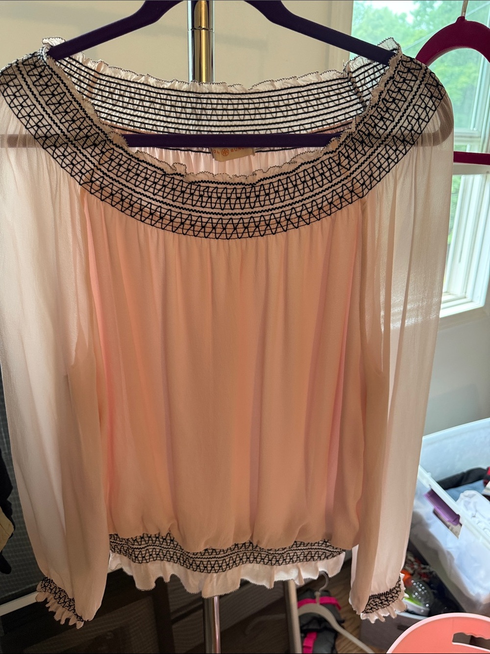 Tory Burch Blush Pink Sheer Peasant Blouse with Black Embroidered Trim